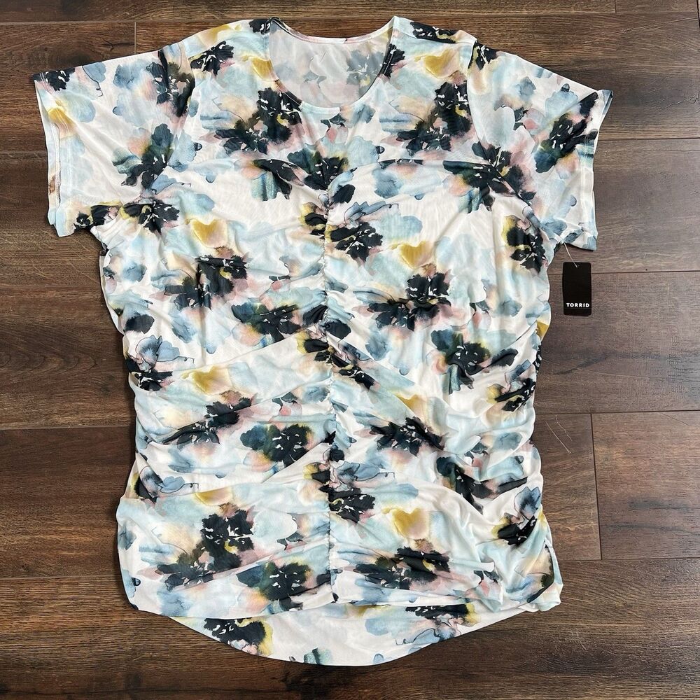 Torrid Mesh Crew Neck Ruched Top Size 6 Watercolor Multi Floral NWT Stretch